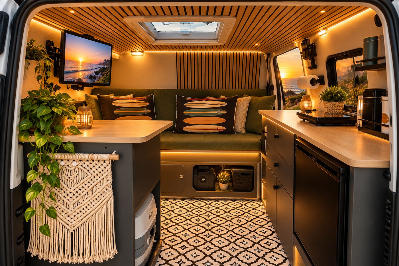 Camper Boutique: techo de lamas de madera, sofá verde, cocina con nevera, suelo hidráulico e iluminación escenográfica